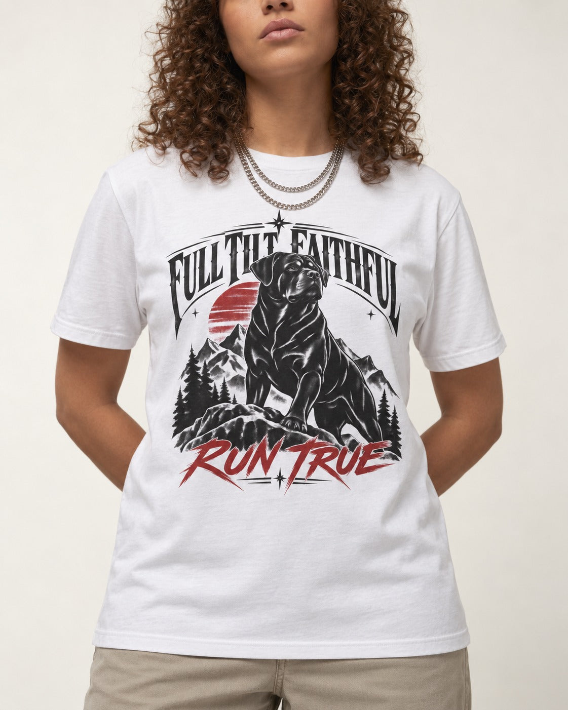 Run True Rottweiler T-Shirt in White, worn by a model, front view