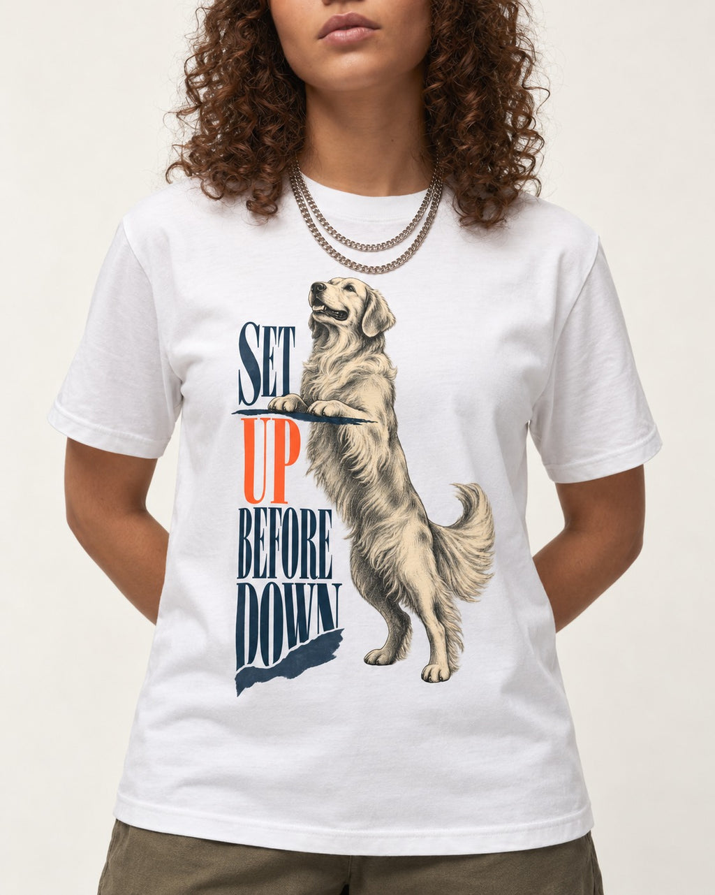 Golden Retriever Set Up Before Down T-Shirt in White, worn by a model, front view