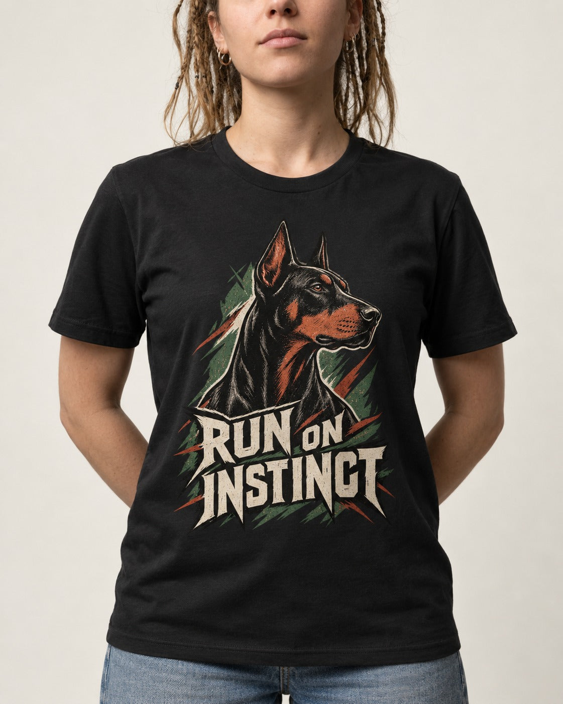 Doberman Run on Instinct Brush Slash Graphic T-Shirt in Black, worn by a model, front view