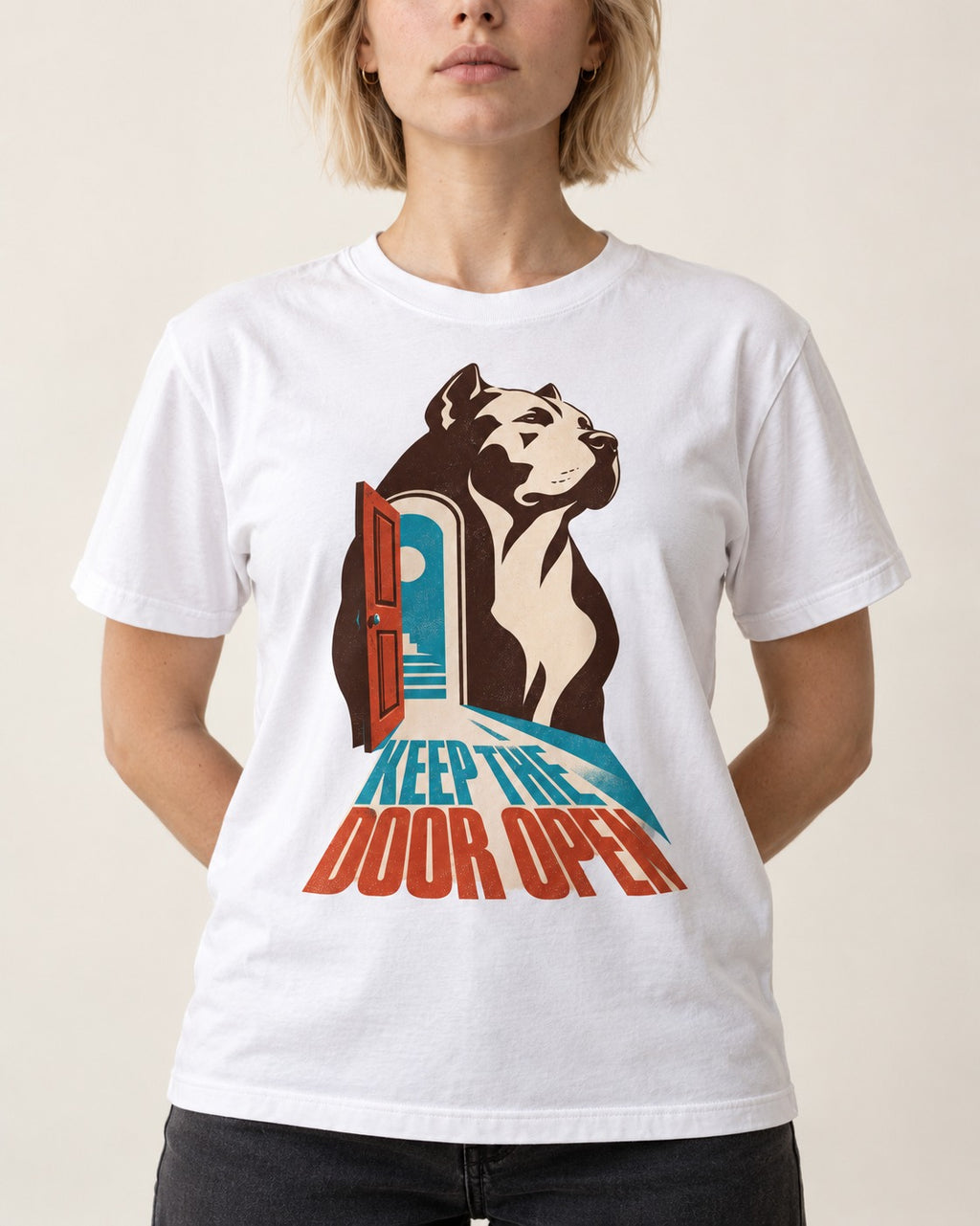 Keep the Door Open Pitbull T-Shirt in White, worn by a model, front view