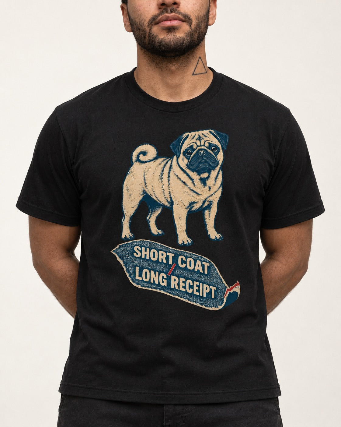 Pug Short Coat Long Receipt Graphic T-Shirt in Black, worn by a model, front view