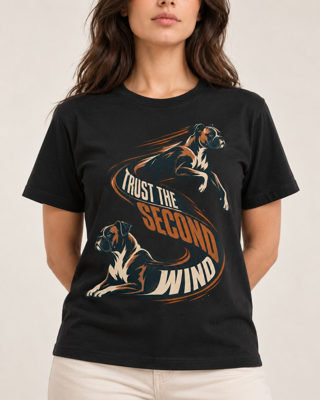Trust the Second Wind Boxer Motion Graphic T-Shirt in Black, worn by a model, front view