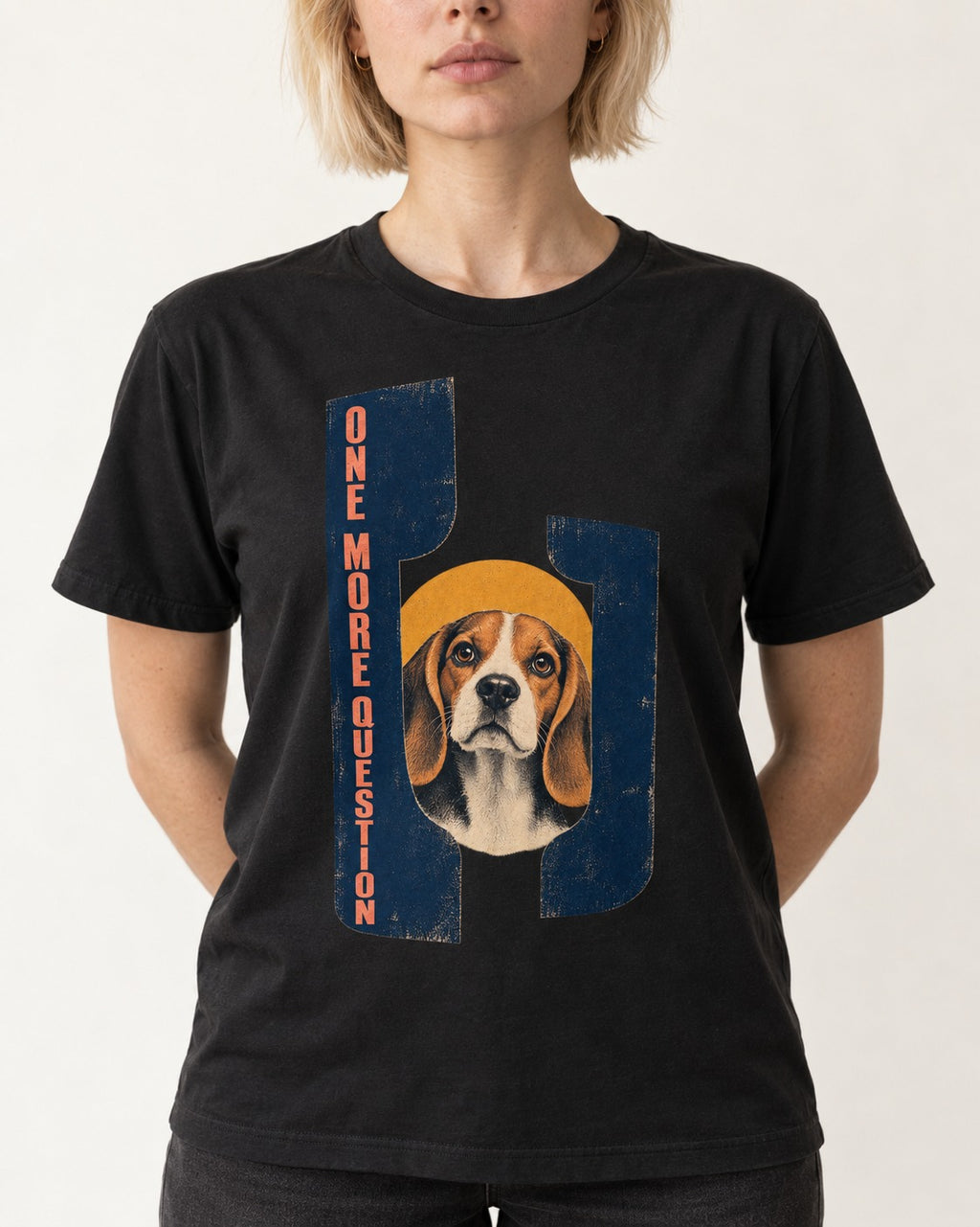 Beagle Has One More Question T-Shirt in Black, worn by a model, front view
