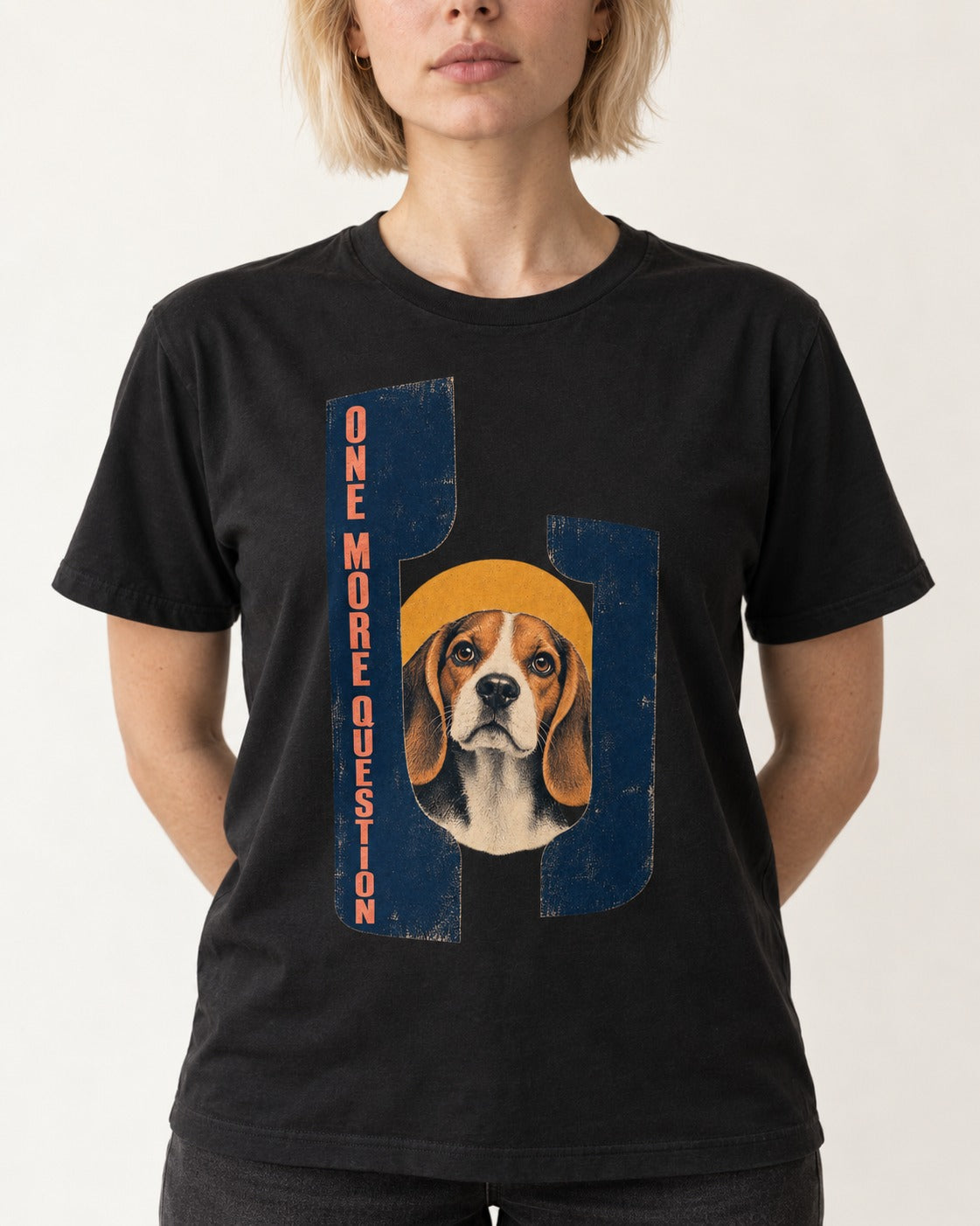 Beagle Has One More Question T-Shirt in Black, worn by a model, front view