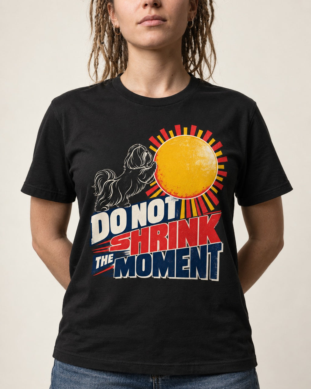 Shih Tzu Do Not Shrink the Moment Sun Graphic T-Shirt in Black, worn by a model, front view