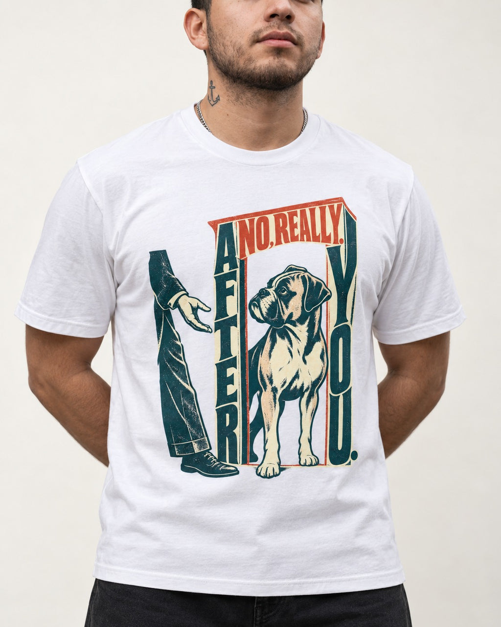 Boxer Says After You T-Shirt in White, worn by a model, front view
