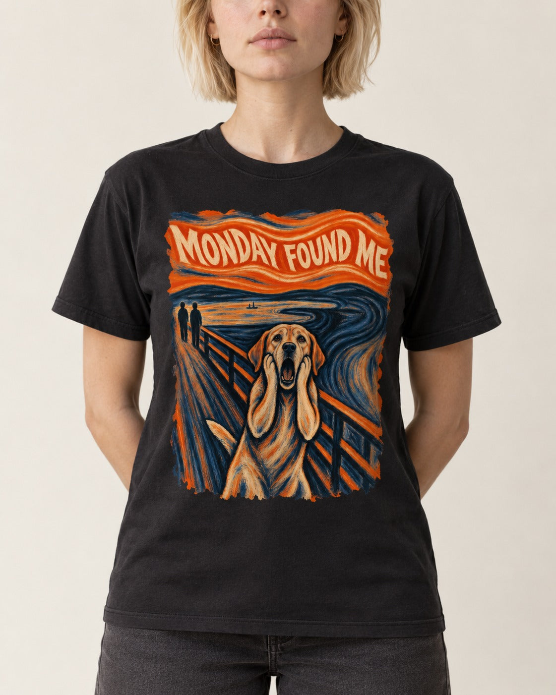 Labrador Retriever Monday Found Me Scream Parody Graphic T-Shirt in Black, worn by a model, front view