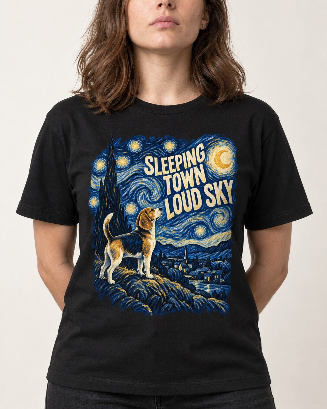 Sleeping Town Loud Sky Beagle Nightscape T-Shirt in Black, worn by a model, front view