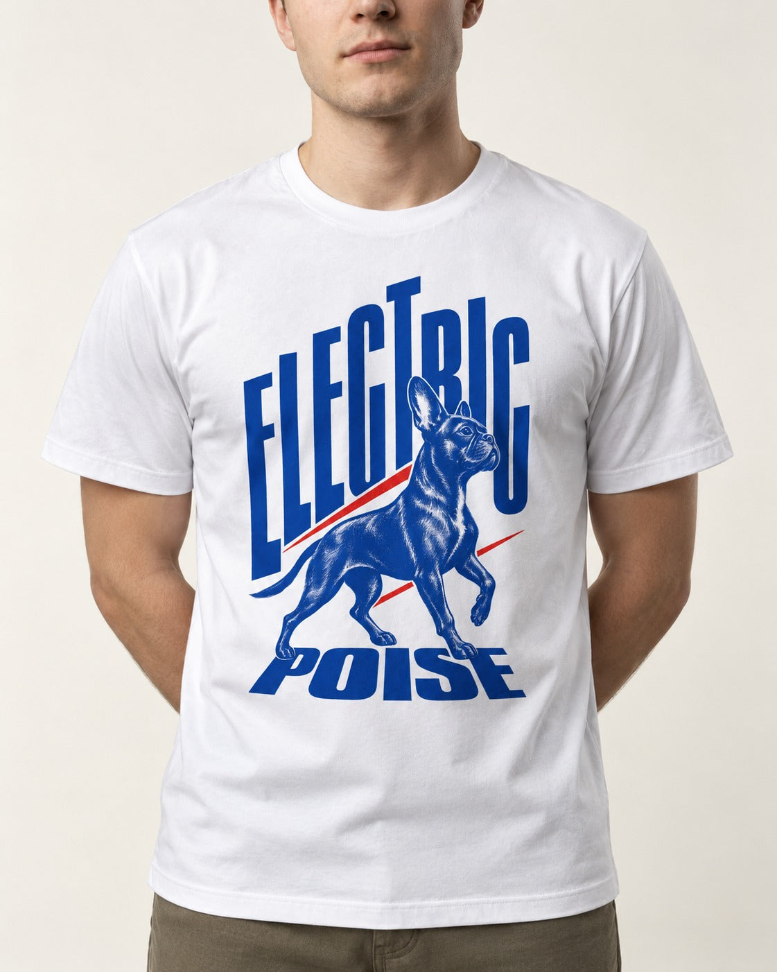 Boston Terrier Electric Poise T-Shirt in White, worn by a model, front view