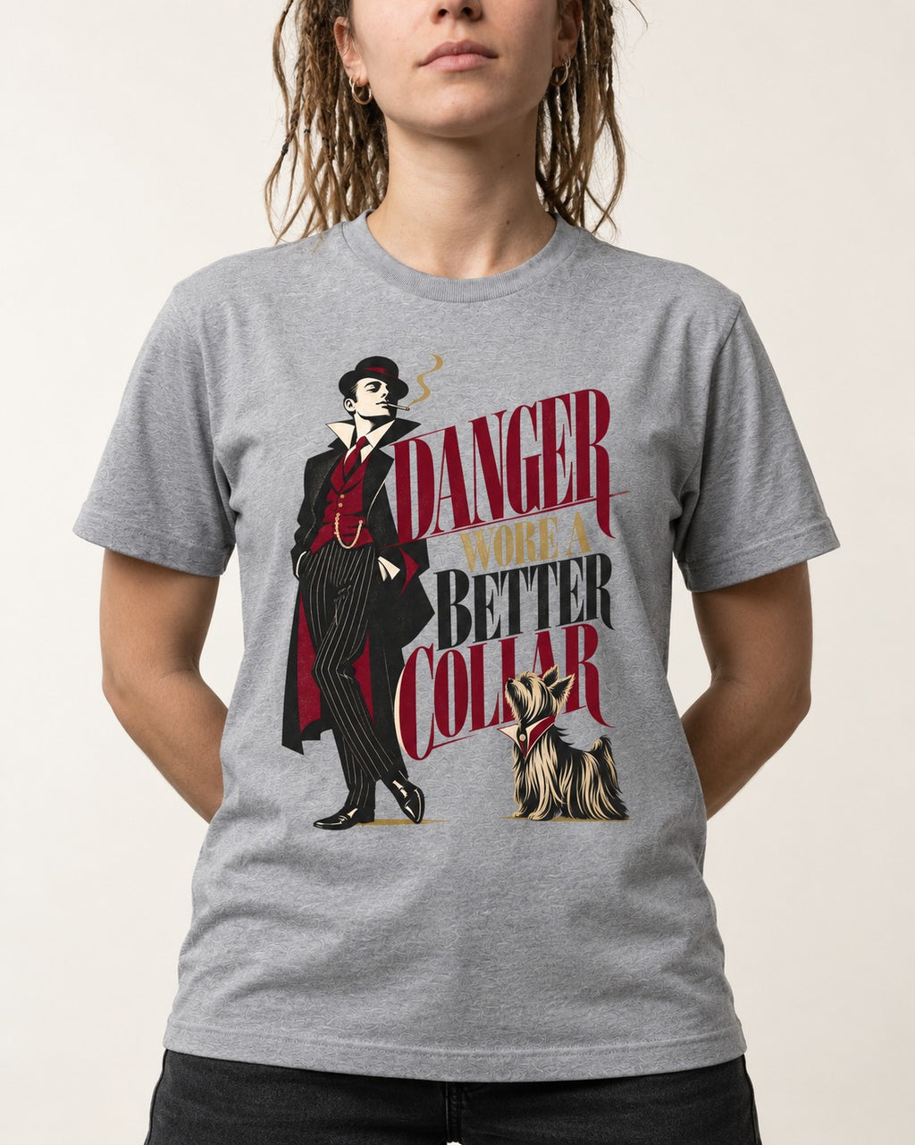 Yorkshire Terrier Danger Wore a Better Collar Art Deco Graphic T-Shirt in Sport Grey, worn by a model, front view