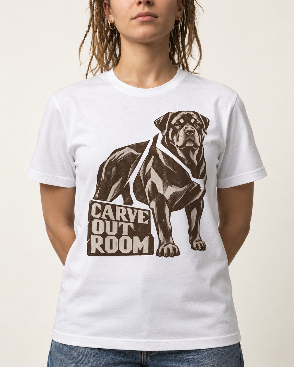 Carve Out Room for Rottweiler T-Shirt in White, worn by a model, front view