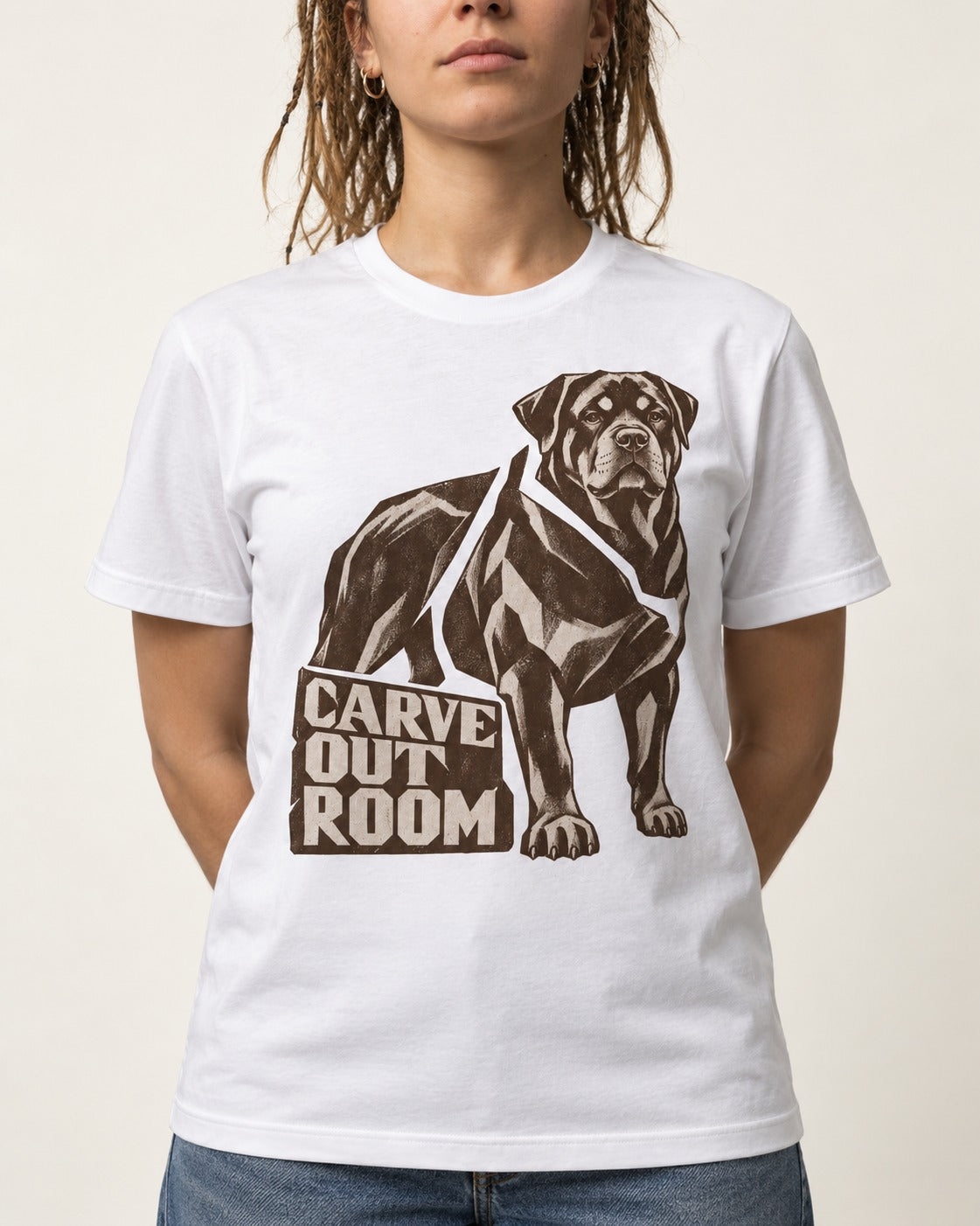 Carve Out Room for Rottweiler T-Shirt in White, worn by a model, front view