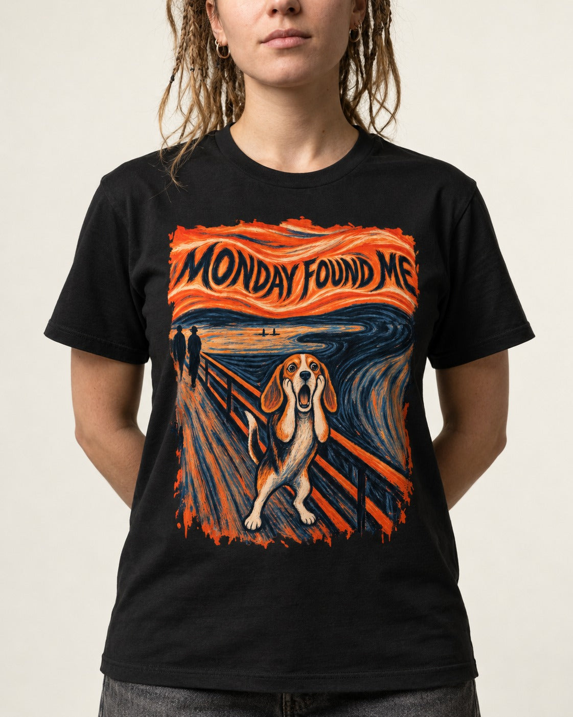 Monday Found Me Beagle Scream Scene T-Shirt in Black, worn by a model, front view