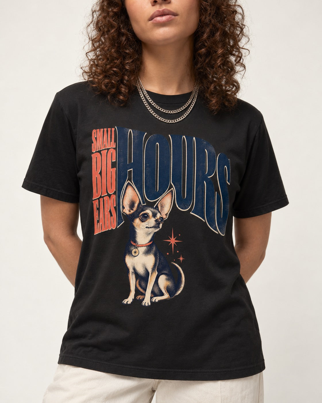 Chihuahua Small Big Ears Hours T-Shirt in Black, worn by a model, front view