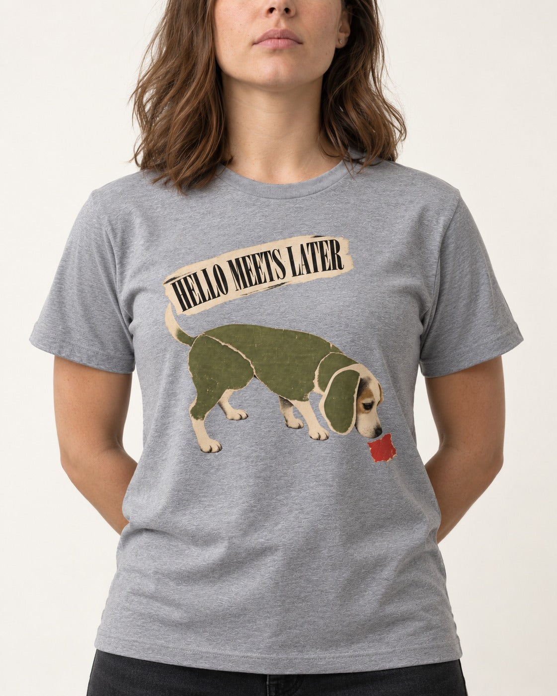 Twenty Minutes Later Beagle T-Shirt in Sport Grey, worn by a model, front view