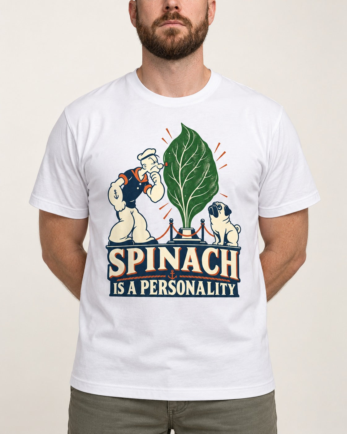 Pug Spinach Is a Personality T-Shirt in White, worn by a model, front view
