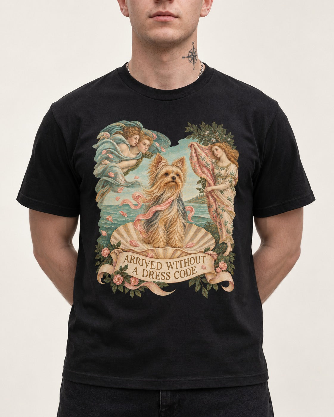 Yorkshire Terrier Arrived Without a Dress Code Venus Graphic T-Shirt in Black, worn by a model, front view