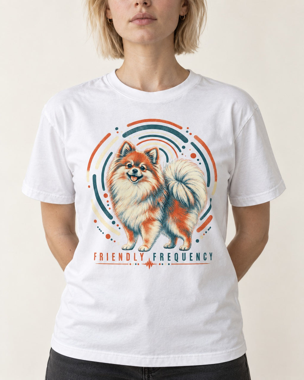 Friendly Frequency Pomeranian T-Shirt in White, worn by a model, front view
