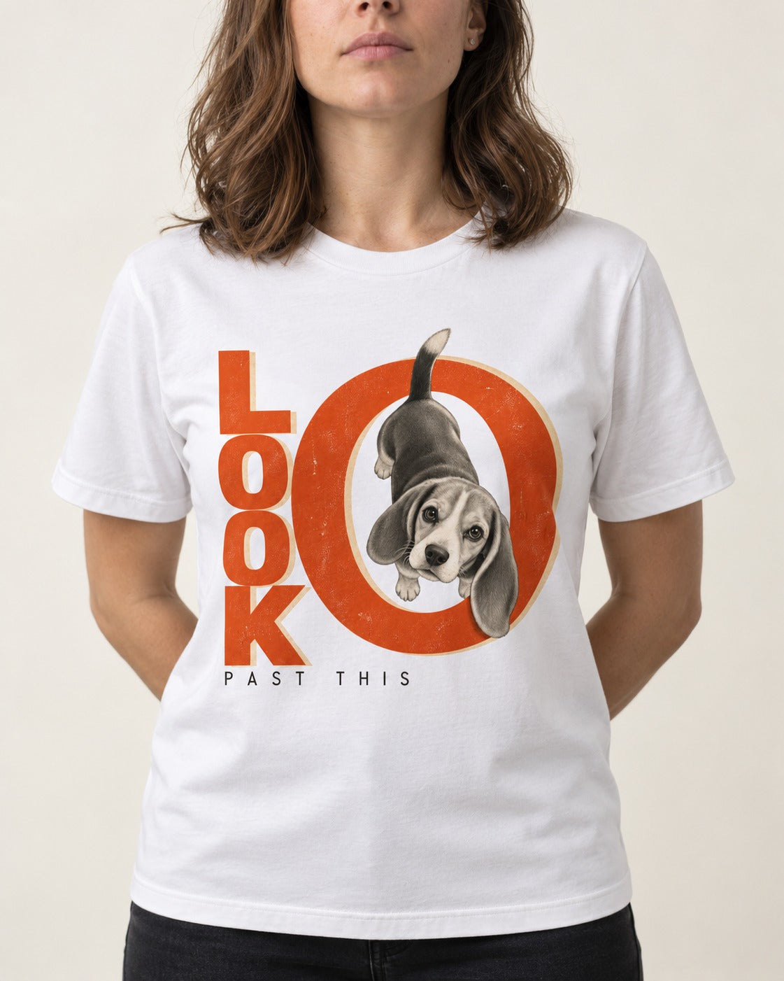 Look Past This Beagle T-Shirt in White, worn by a model, front view