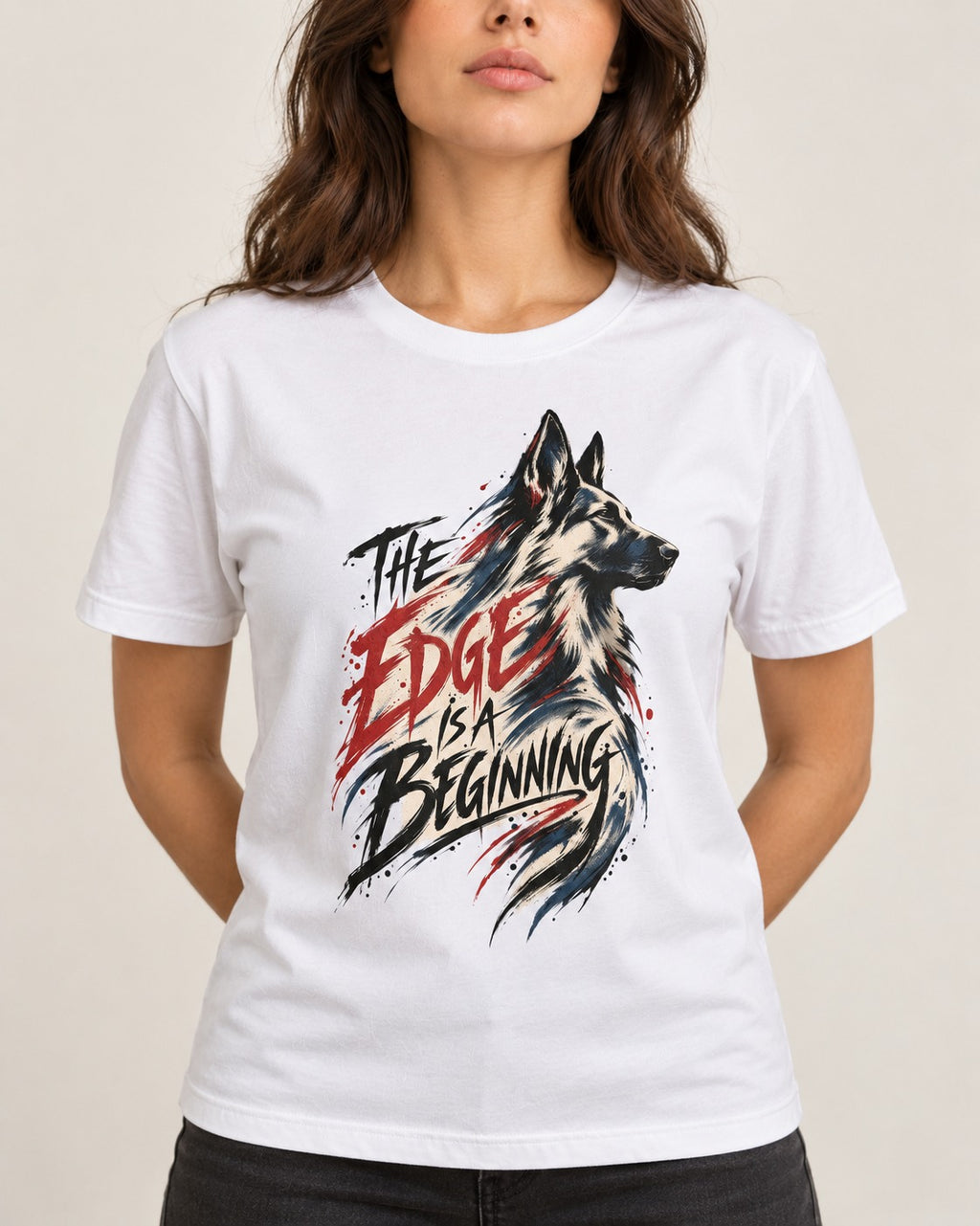 Edge Is a Beginning German Shepherd Dog T-Shirt in White, worn by a model, front view