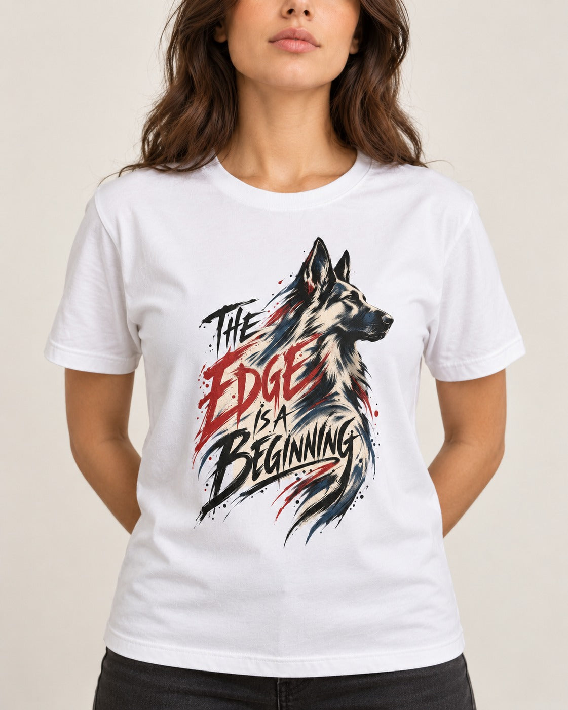 Edge Is a Beginning German Shepherd Dog T-Shirt in White, worn by a model, front view