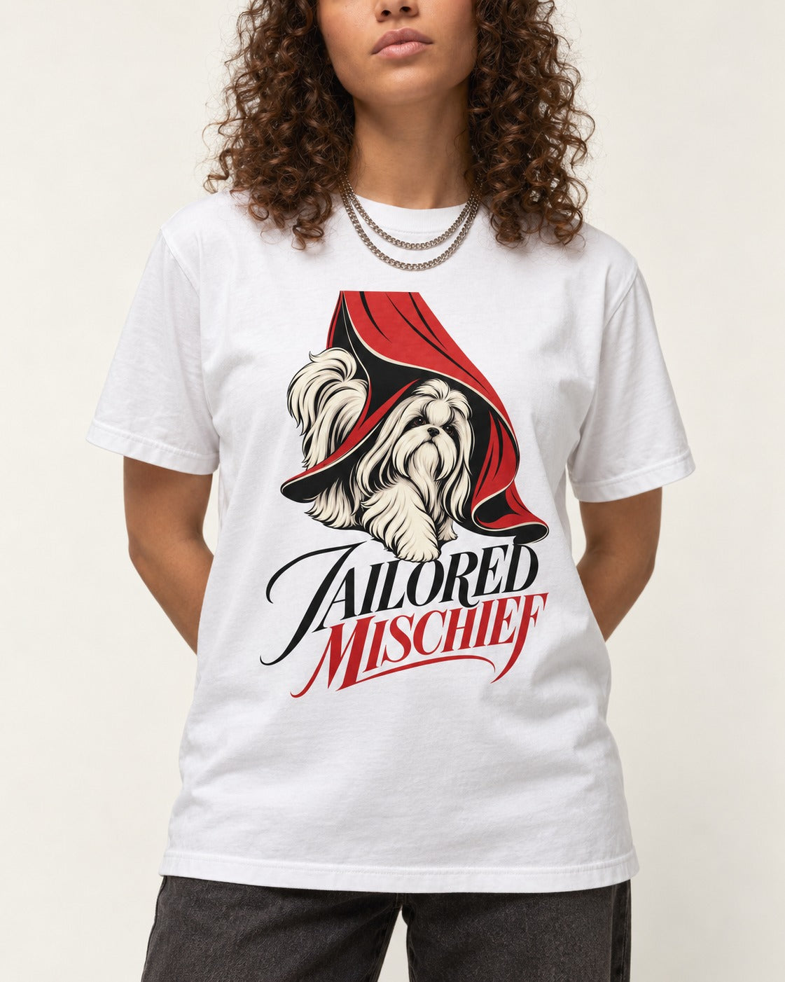 Tailored Mischief Shih Tzu T-Shirt in White, worn by a model, front view