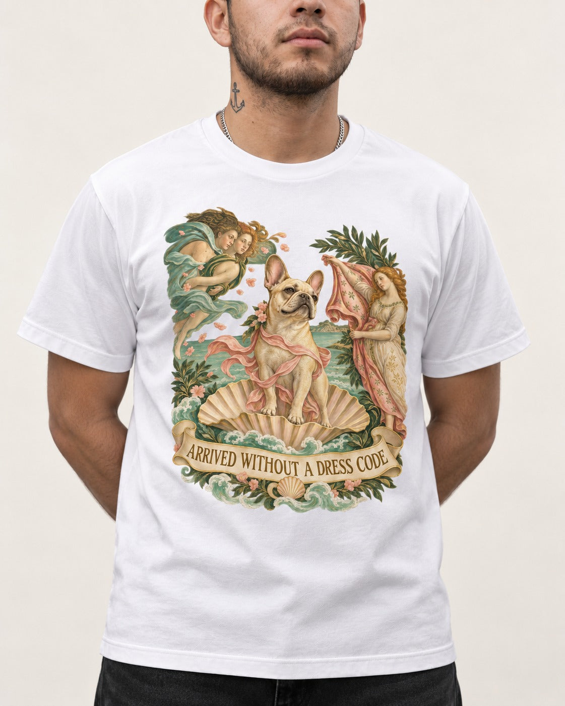Frenchie Without a Dress Code T-Shirt in White, worn by a model, front view