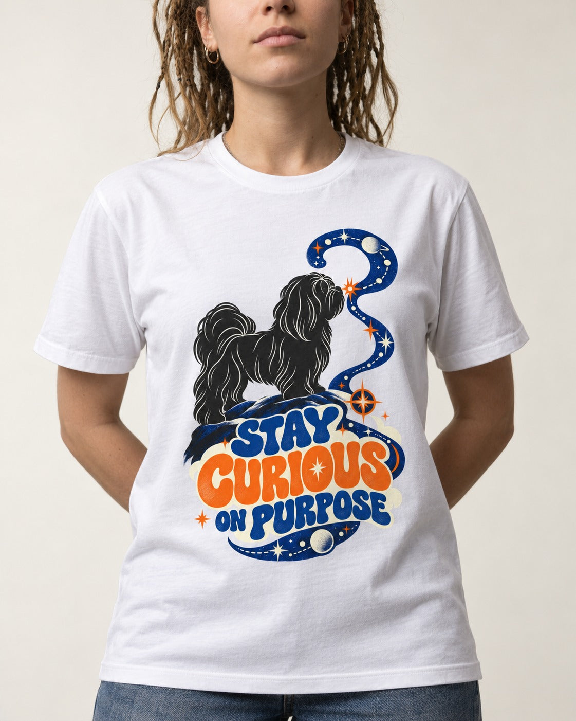 Stay Curious on Purpose Shih Tzu T-Shirt in White, worn by a model, front view