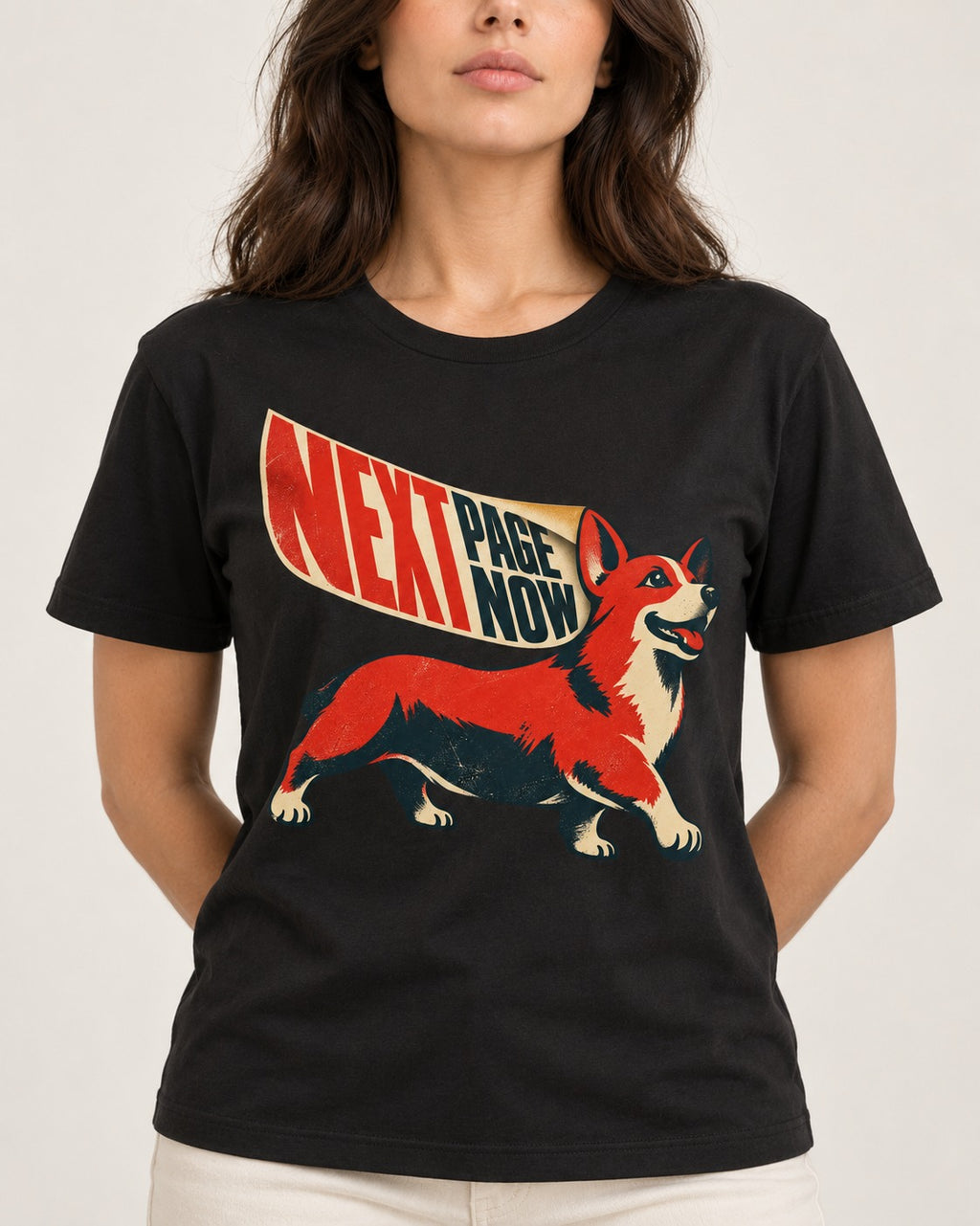 Corgi Next Page Now Pennant Graphic T-Shirt in Black, worn by a model, front view