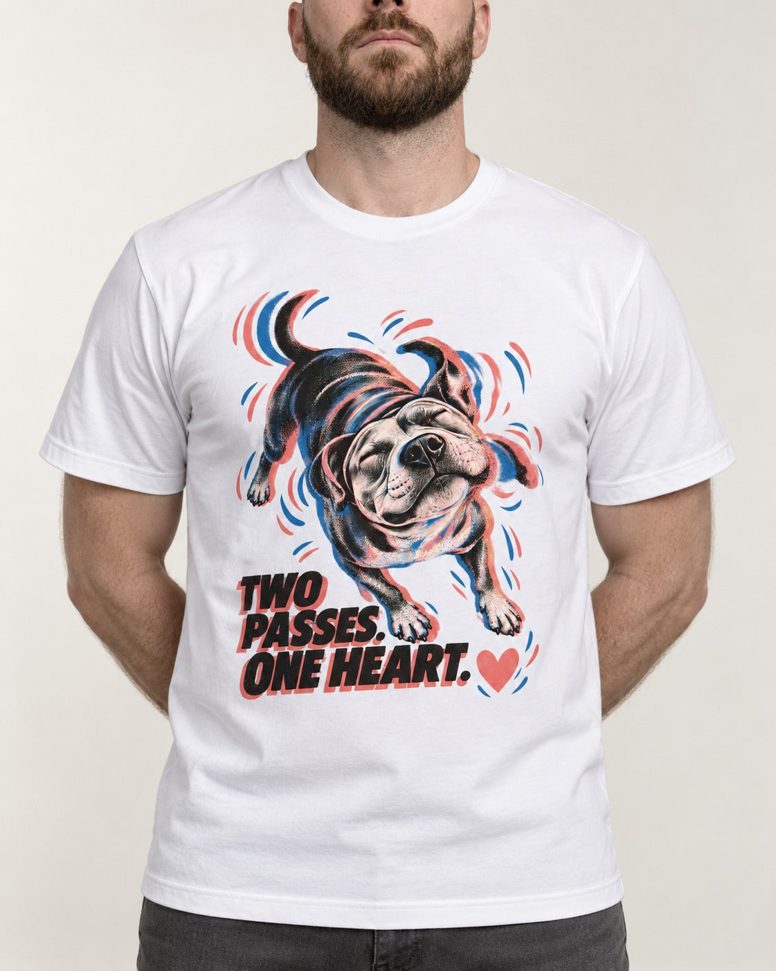 Two Passes One Heart Pitbull T-Shirt in White, worn by a model, front view
