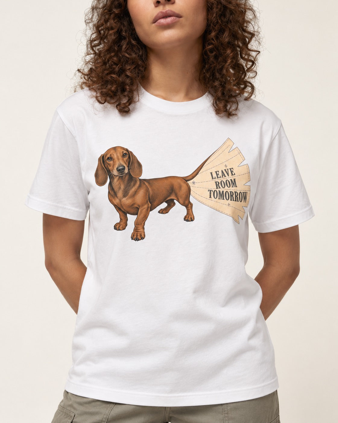Dachshund Leave Room Tomorrow T-Shirt in White, worn by a model, front view