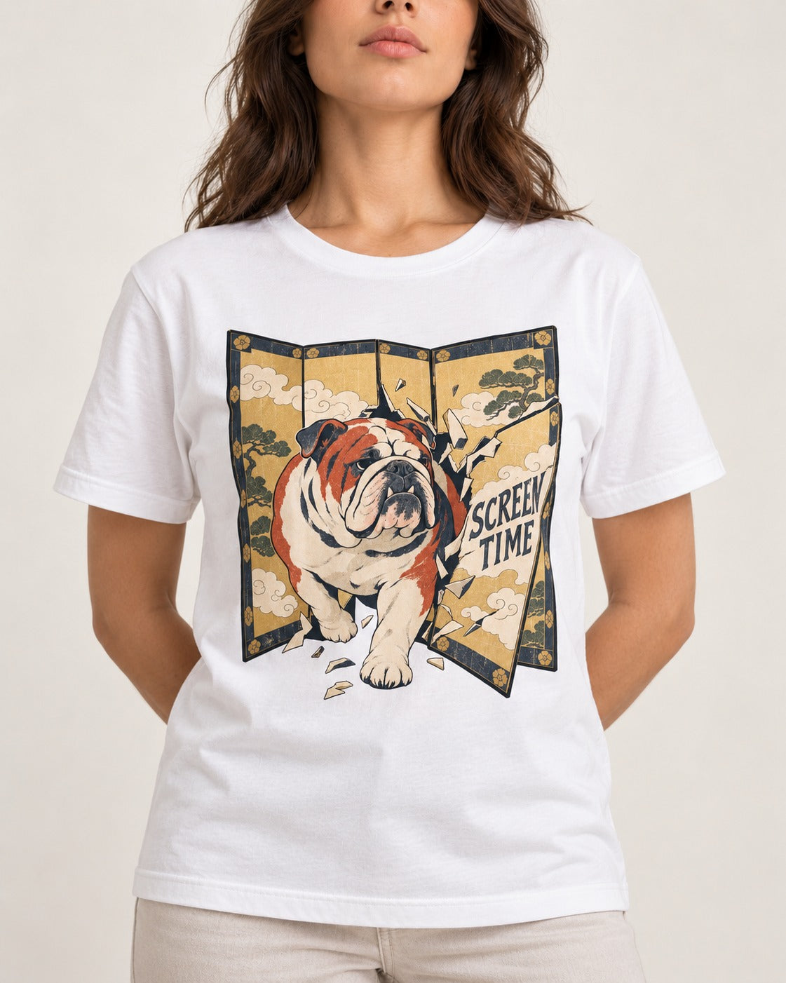 English Bulldog Screen Time T-Shirt in White, worn by a model, front view