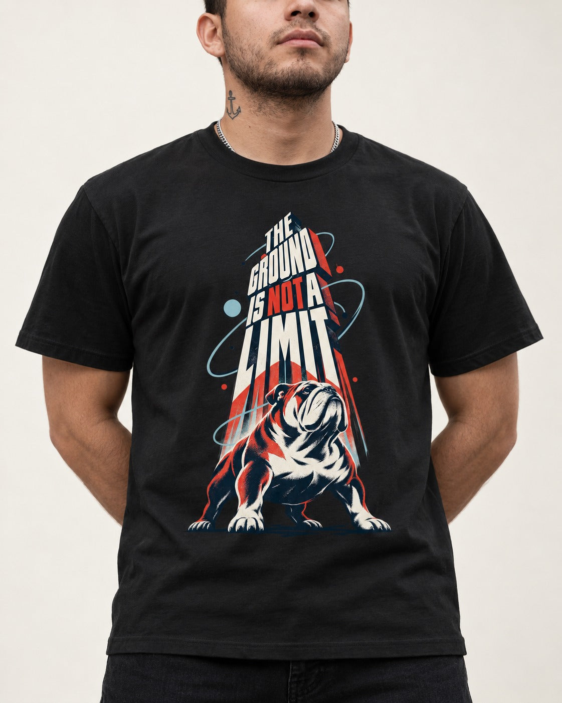 English Bulldog The Ground Is Not a Limit Orbital Graphic T-Shirt in Black, worn by a model, front view