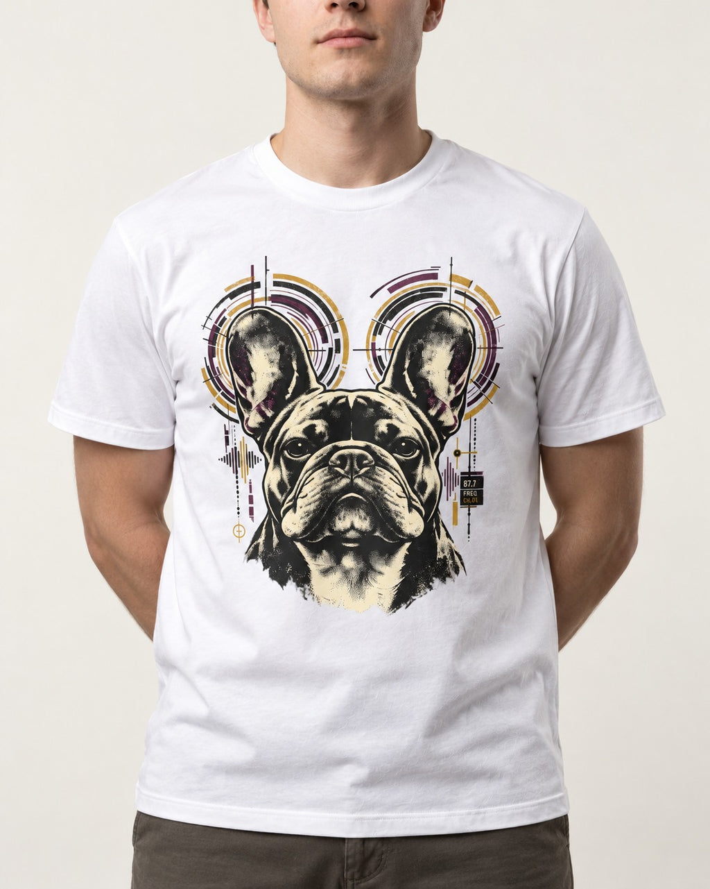 Frenchie Frequency T-Shirt in White, worn by a model, front view