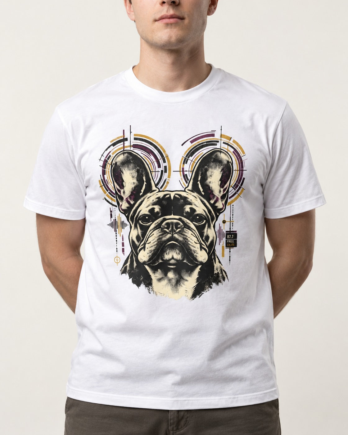 Frenchie Frequency T-Shirt in White, worn by a model, front view