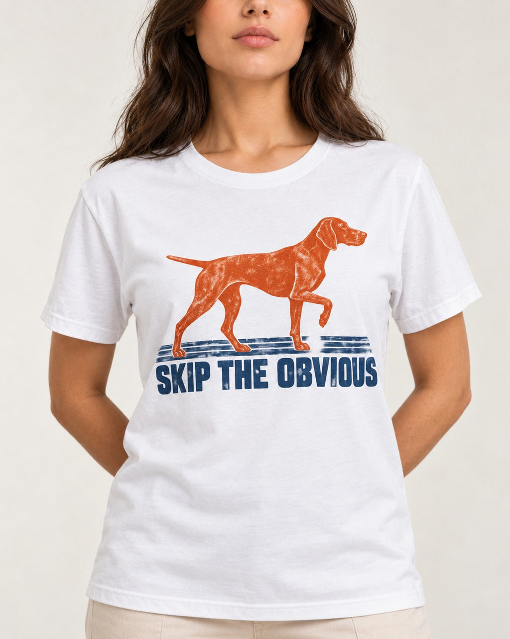 Skip the Obvious German Shorthaired Pointer T-Shirt in White, worn by a model, front view