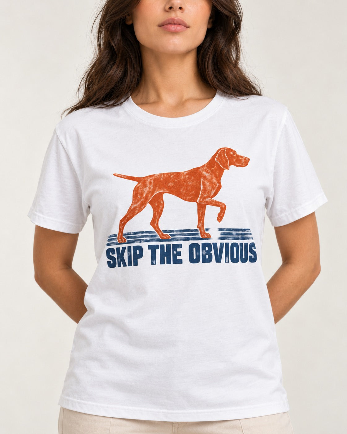 Skip the Obvious German Shorthaired Pointer T-Shirt in White, worn by a model, front view