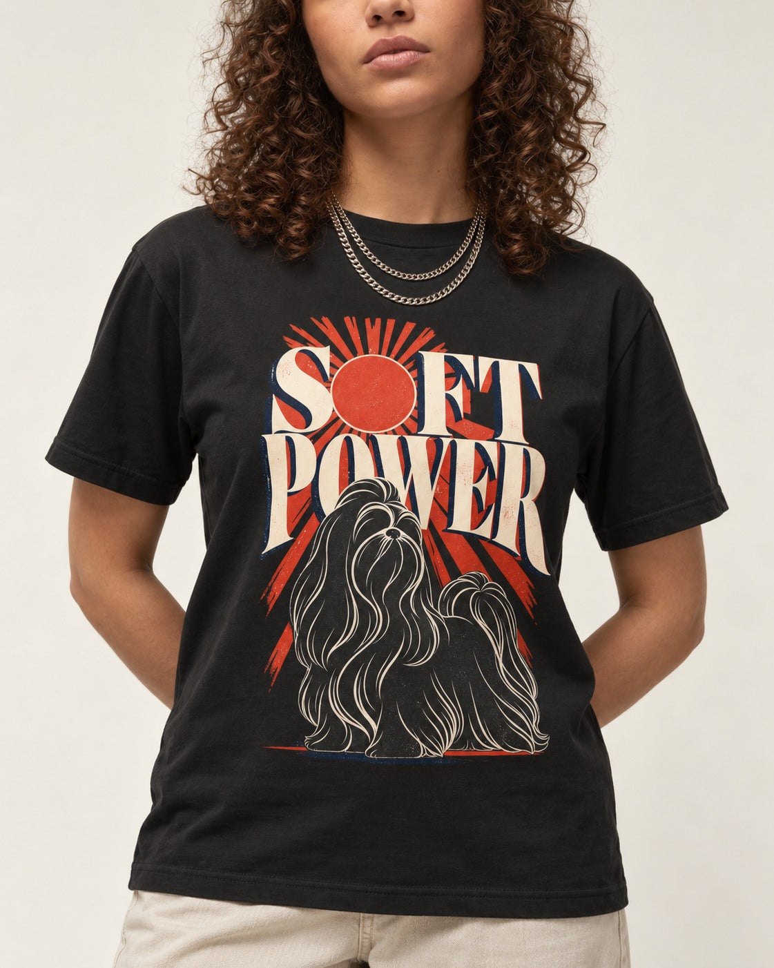 Shih Tzu Soft Power Sunburst Graphic T-Shirt in Black, worn by a model, front view