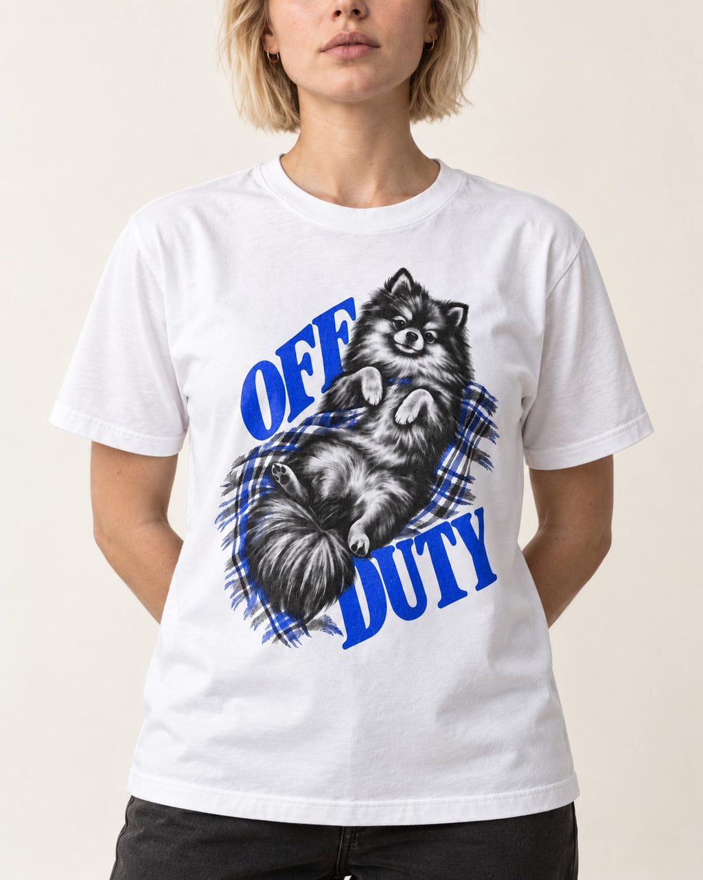 Off Duty Pomeranian T-Shirt in White, worn by a model, front view