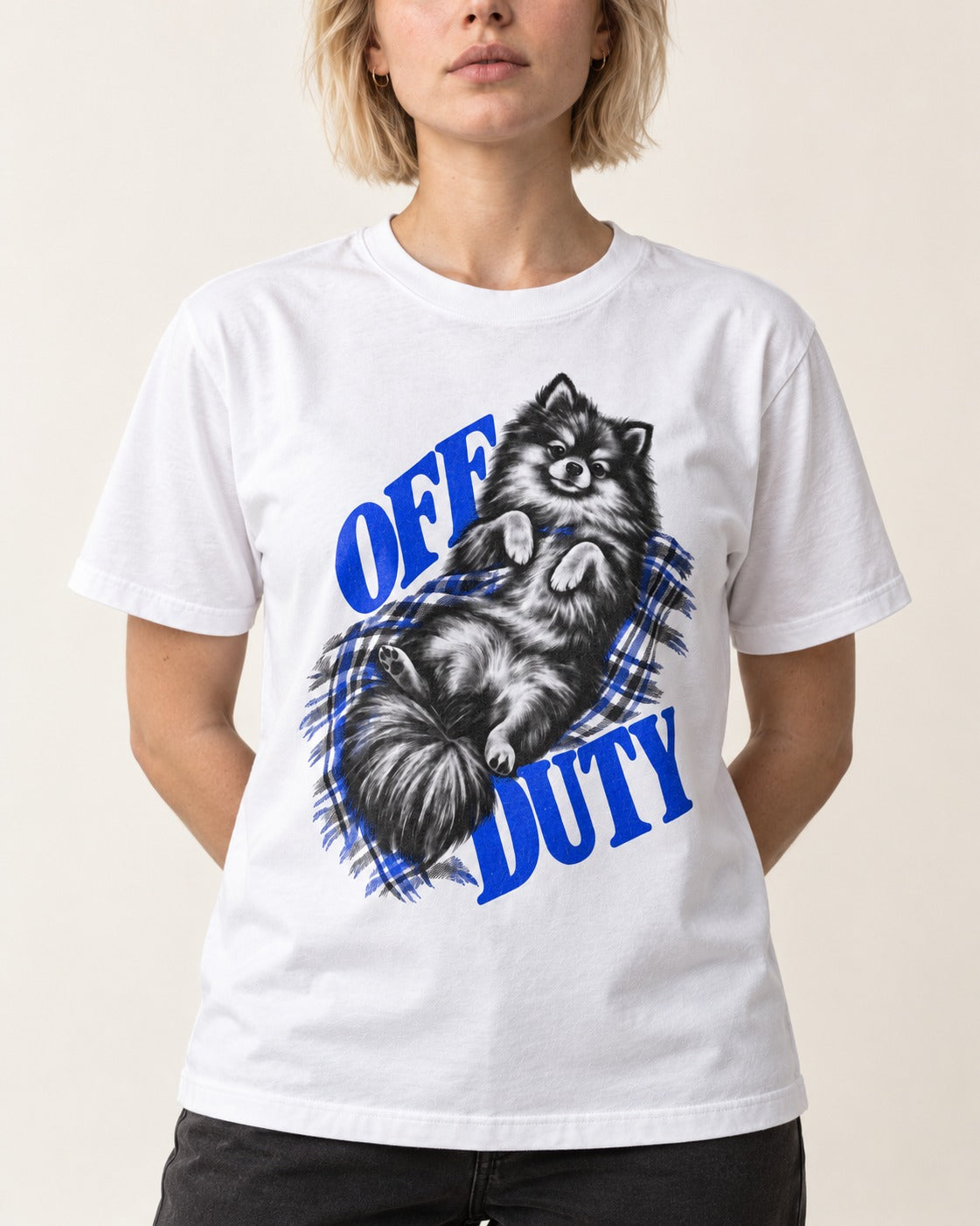 Off Duty Pomeranian T-Shirt in White, worn by a model, front view