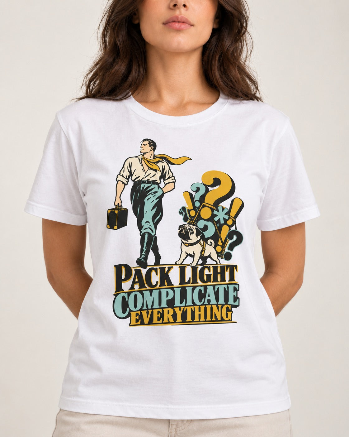 Pug Pack Light Complicate Everything T-Shirt in White, worn by a model, front view