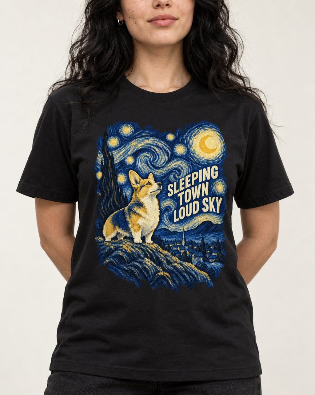 Corgi Sleeping Town Loud Sky Starry Night T-Shirt in Black, worn by a model, front view