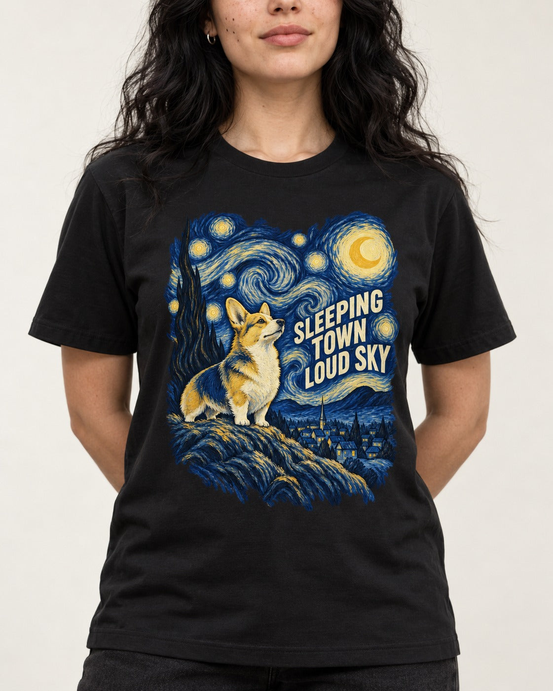 Corgi Sleeping Town Loud Sky Starry Night T-Shirt in Black, worn by a model, front view