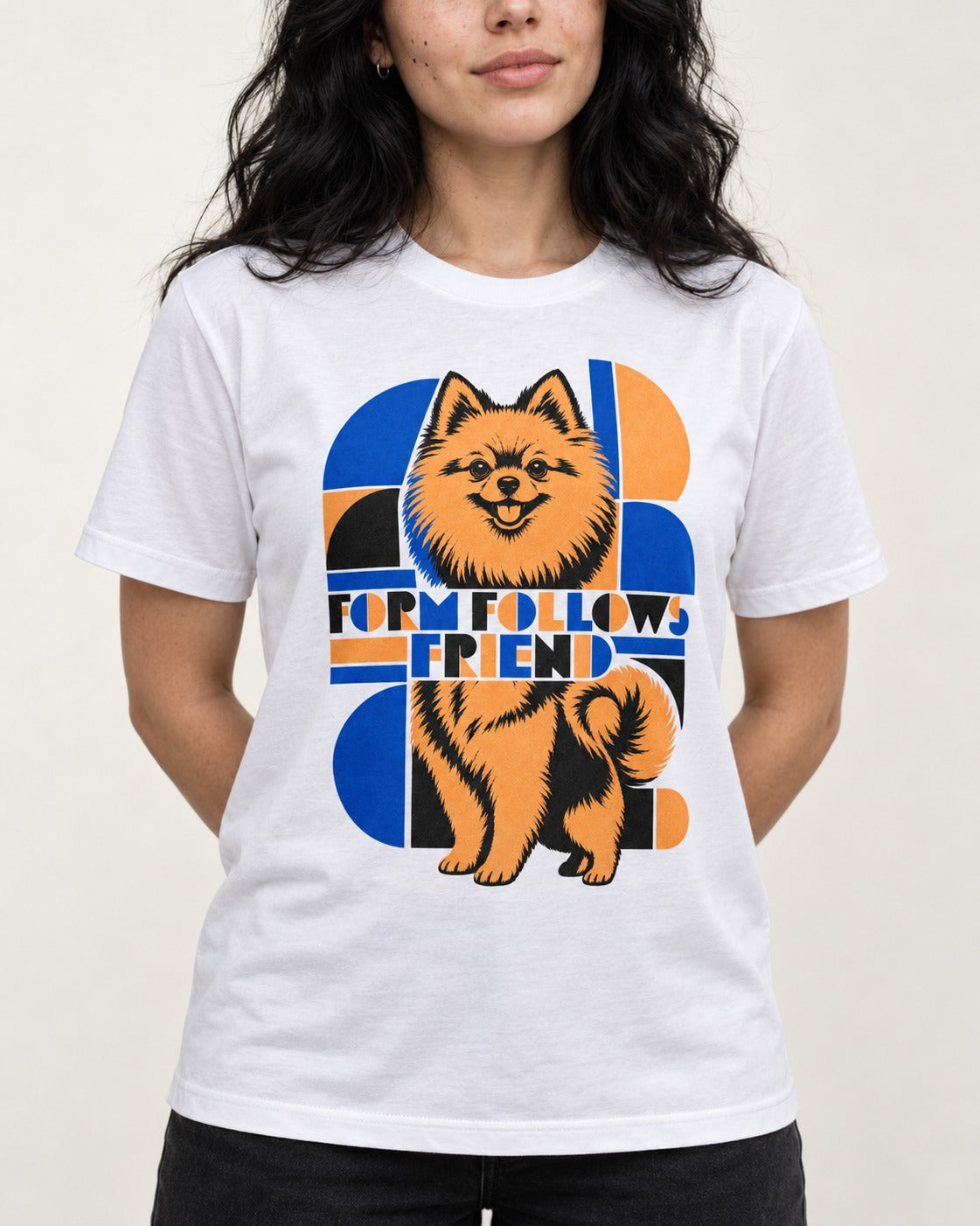 Form Follows Pomeranian Friend T-Shirt in White, worn by a model, front view