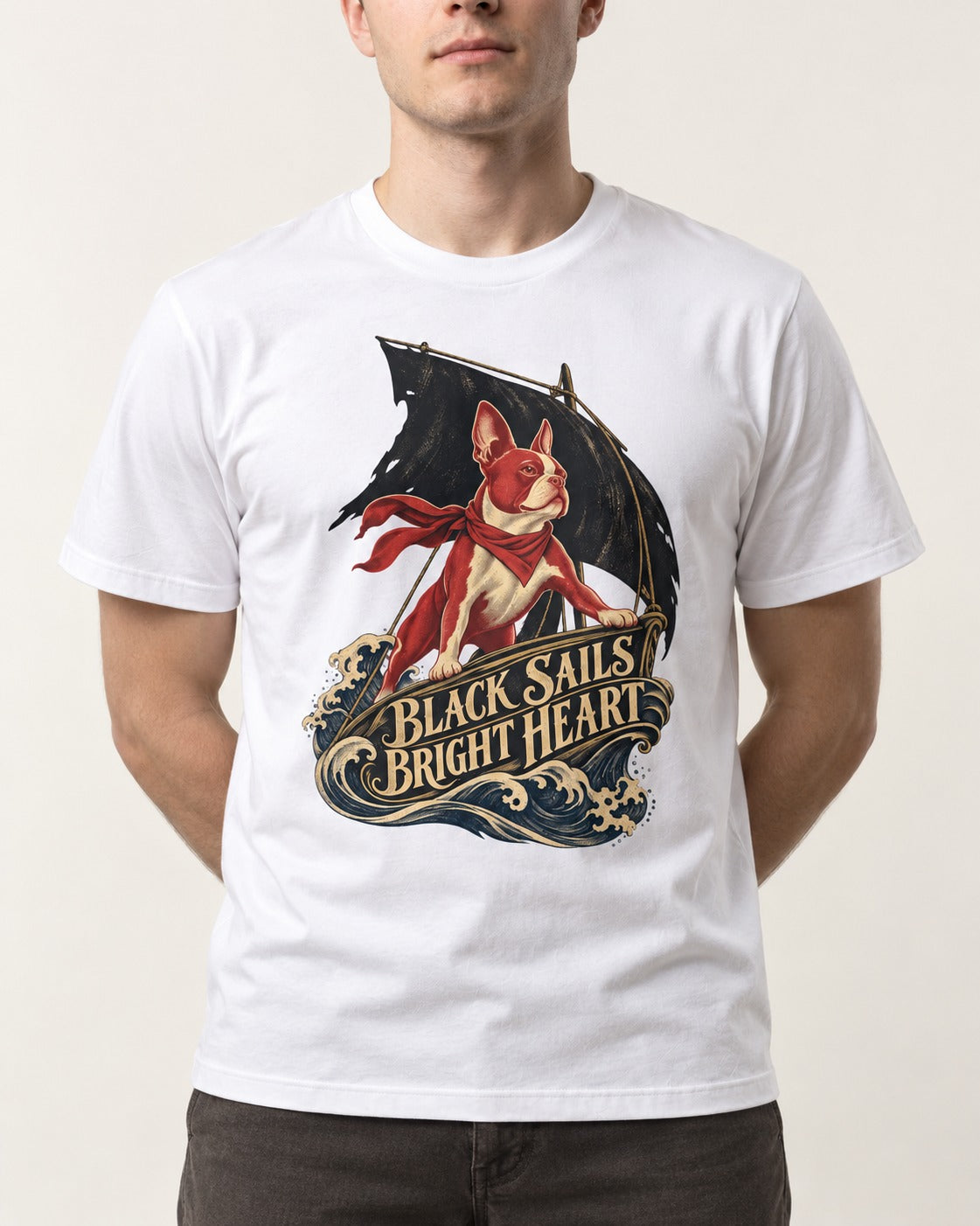 Black Sails Bright Heart Boston Terrier T-Shirt in White, worn by a model, front view
