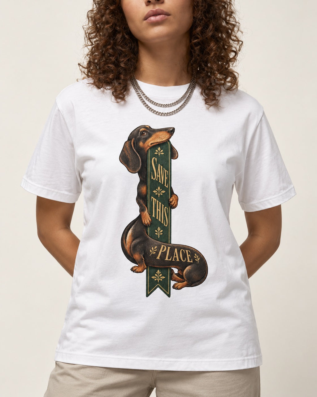 Save This Place Dachshund T-Shirt in White, worn by a model, front view