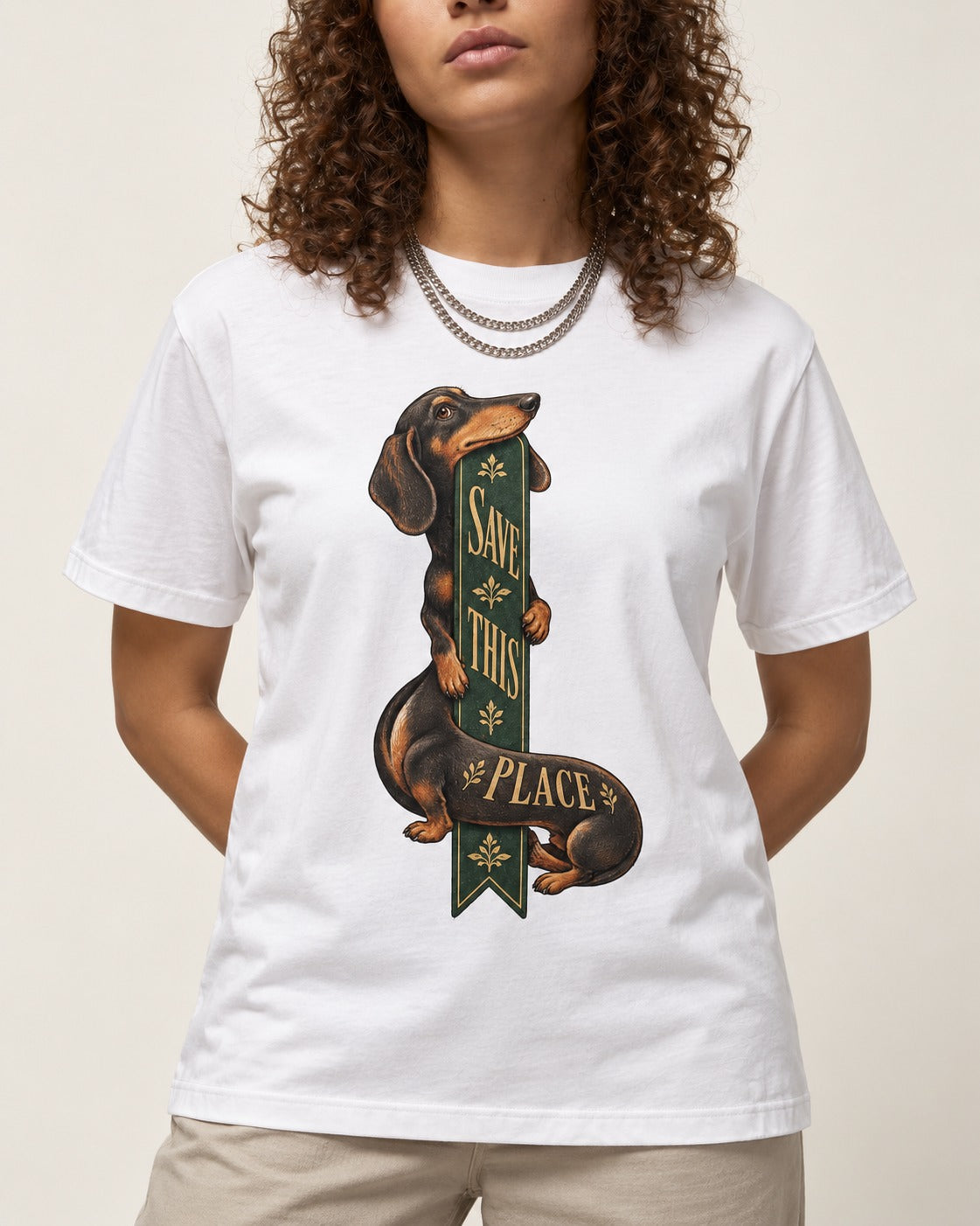 Save This Place Dachshund T-Shirt in White, worn by a model, front view