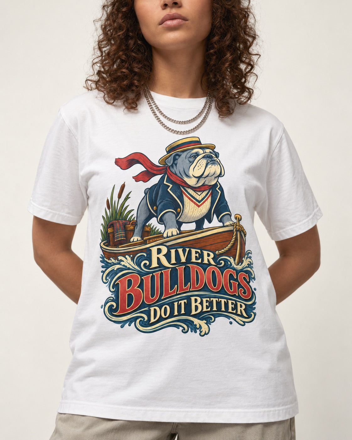River English Bulldog Does It Better T-Shirt in White, worn by a model, front view