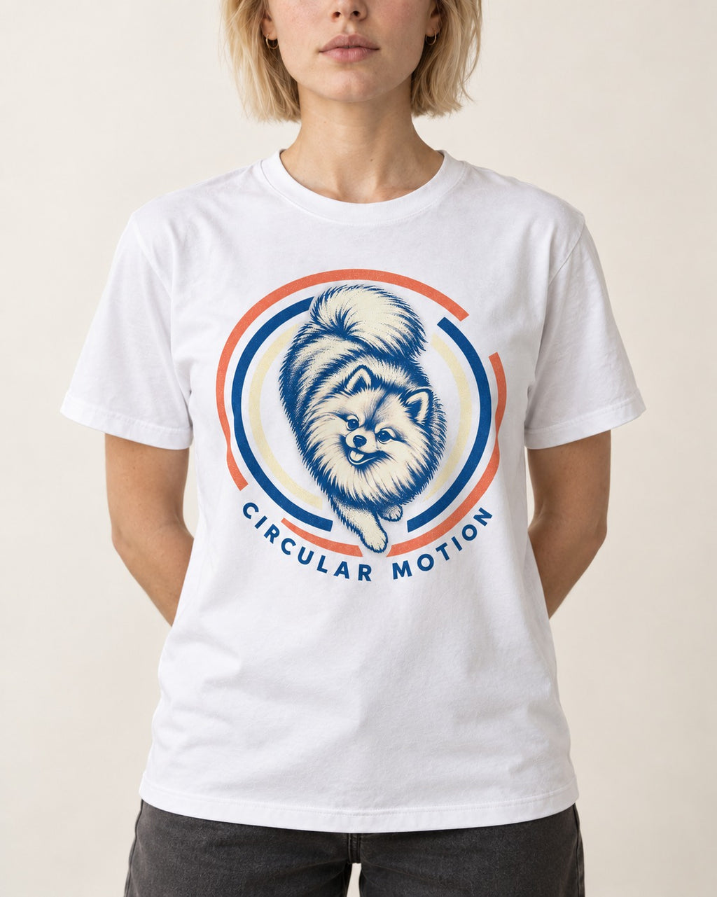 Pomeranian Circular Motion T-Shirt in White, worn by a model, front view