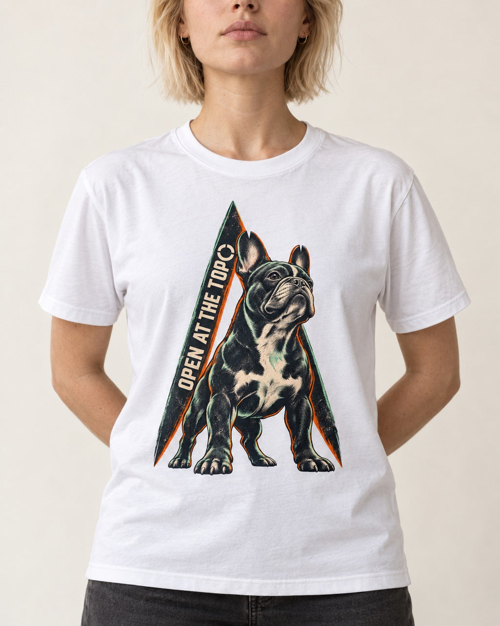 Frenchie Open at the Top T-Shirt in White, worn by a model, front view